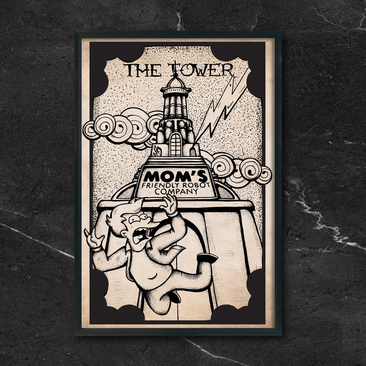 Futurama Tarot The Tower fan art print by CamiThunderInk, Mom's Friendly Robot Company and Fry drawn as the Tower tarot card in a woodcut style, in a black frame