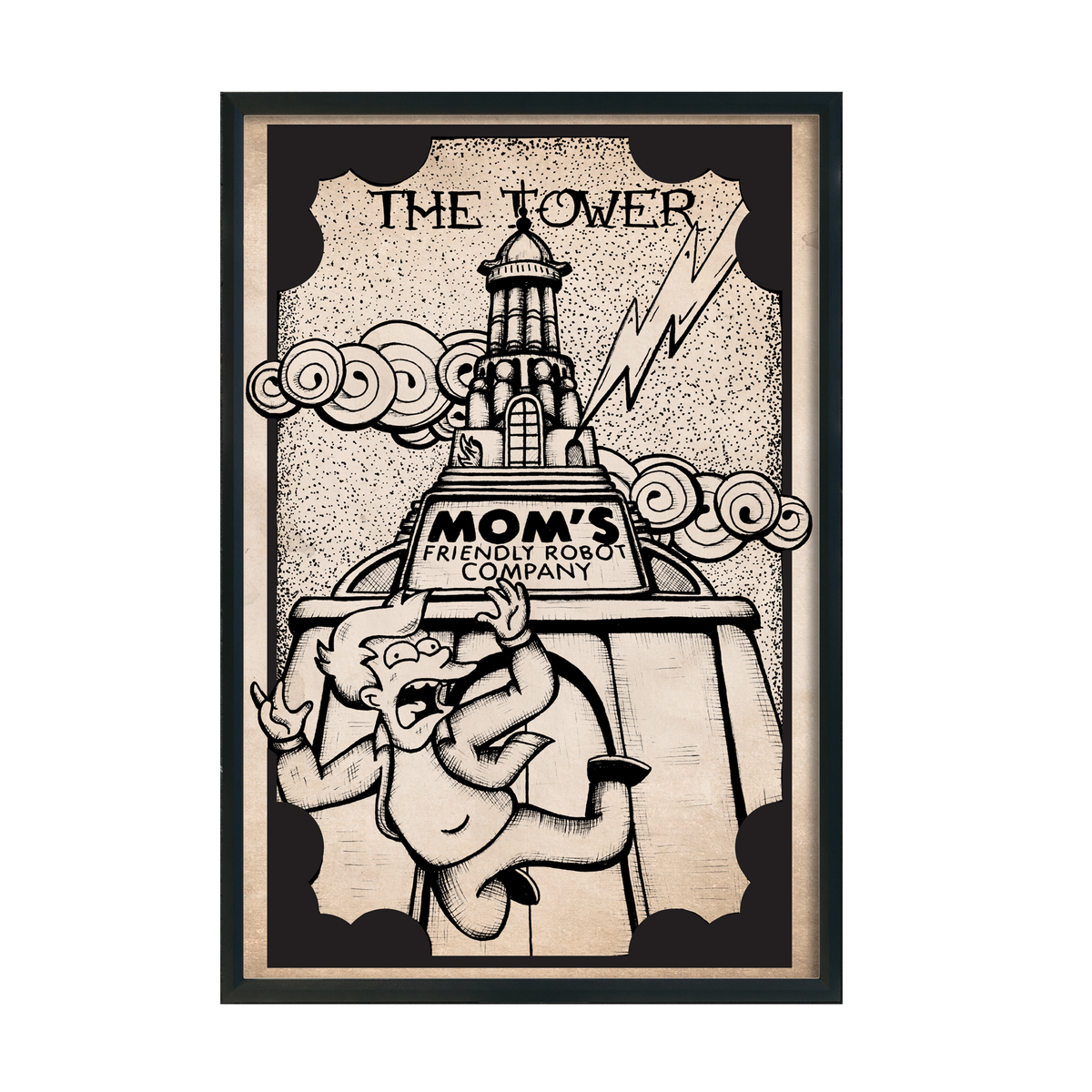 Another view of Futurama Tarot The Tower fan art print by CamiThunderInk, Mom's Friendly Robot Company and Fry drawn as the Tower tarot card in a woodcut style, in a black frame