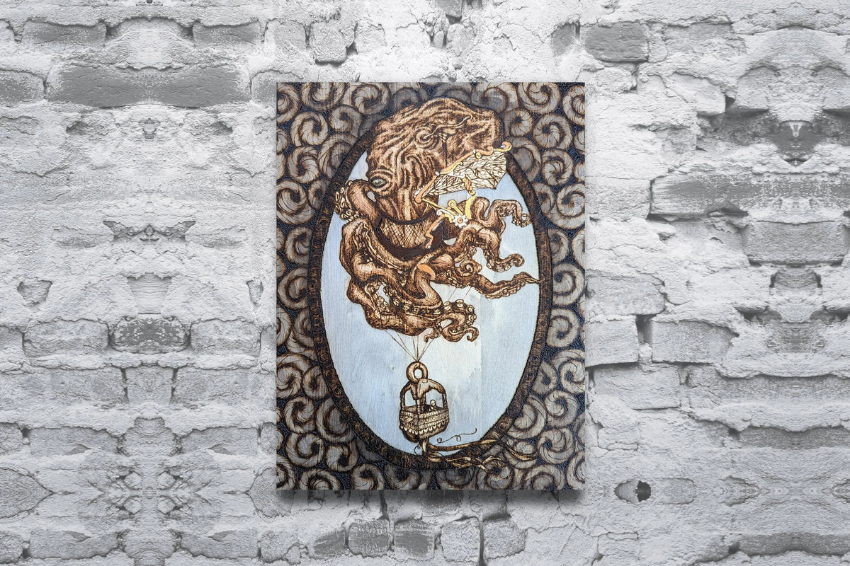 Another view of Cephalapunktopus art print by CamiThunderInk, a steampunk octopus with mechanical wings carrying a passenger in a basket like a hot air balloon, with gold and silver accents