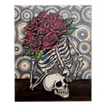 Vertigo Mortem by CamiThunderInk, an original pyrography and watercolor painting on pine showing a skeletal figure at the center of a swirling background, surrounded by bright pink roses