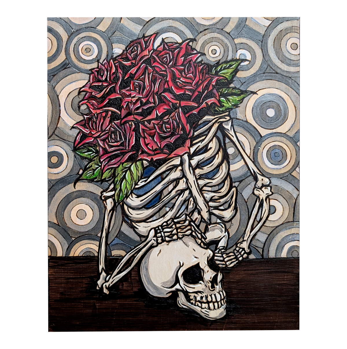 Vertigo Mortem by CamiThunderInk, an original pyrography and watercolor painting on pine showing a skeletal figure at the center of a swirling background, surrounded by bright pink roses