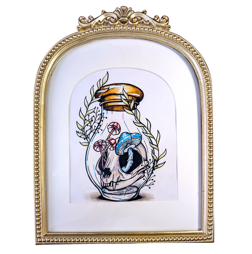 Another view of Alluring Apothecary by CamiThunderInk, an original ink and alcohol marker drawing of a raccoon skull inside a sealed apothecary jar filled with mushrooms and leaves, matted in an ornate gold arched frame