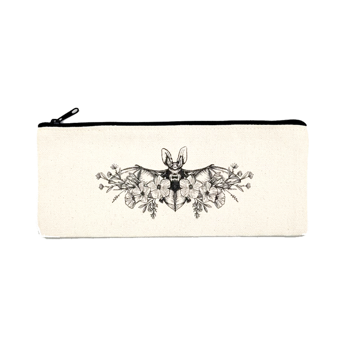 Another view of Floral Bat canvas pencil case by CamiThunderInk, a cream canvas zip pouch printed in black ink with a long eared bat over open blooms, with a black zipper