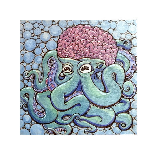 Another view of Bubbles and Brains by CamiThunderInk, an original pyrography, watercolor, and ink painting on wood of a blue and purple octopus with a brain for a head, surrounded by bubbles