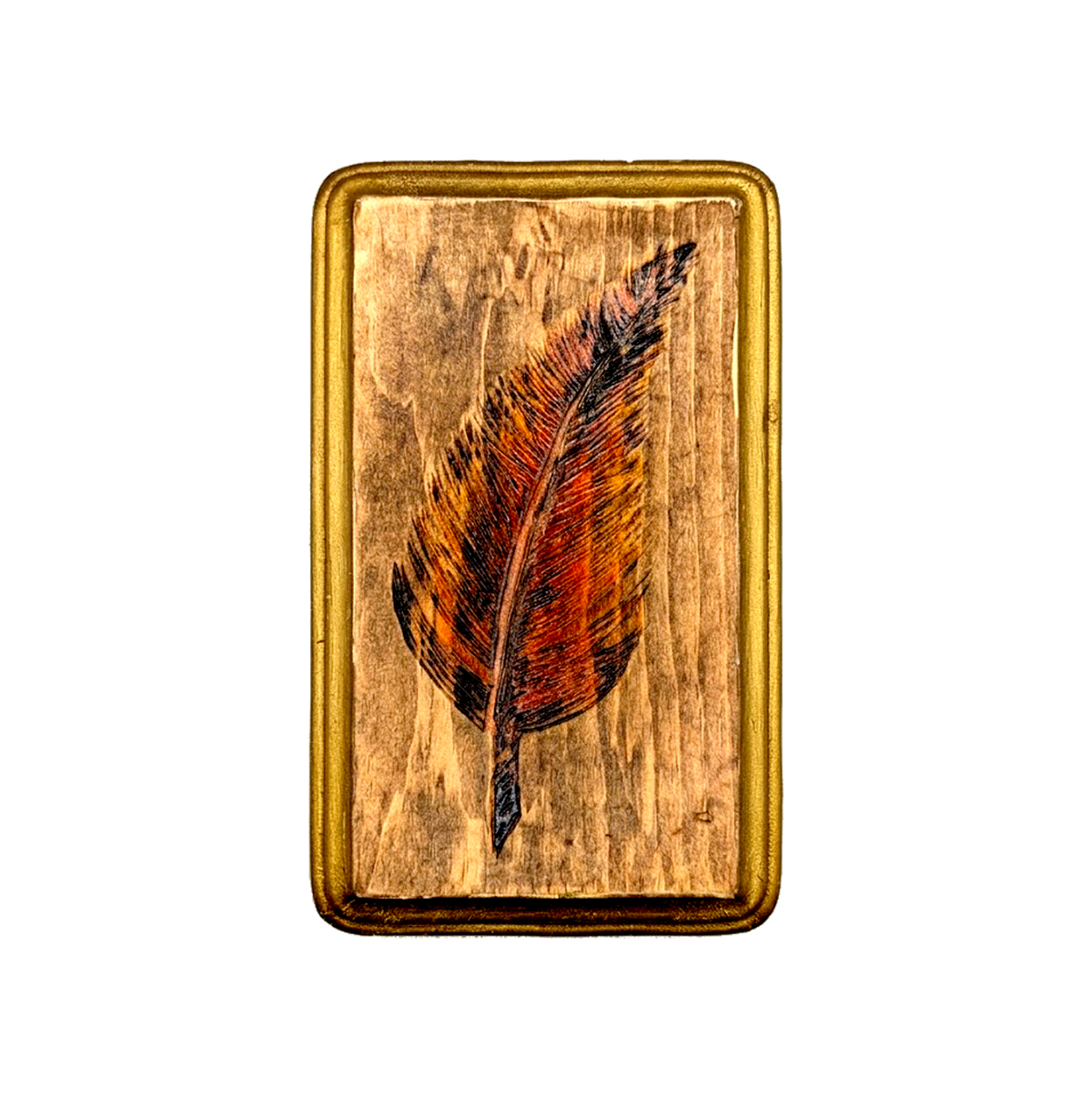 Another view of Feather flash block by CamiThunderInk, a small reclaimed pine block with a burned and painted feather in auburn tones, with gold edging