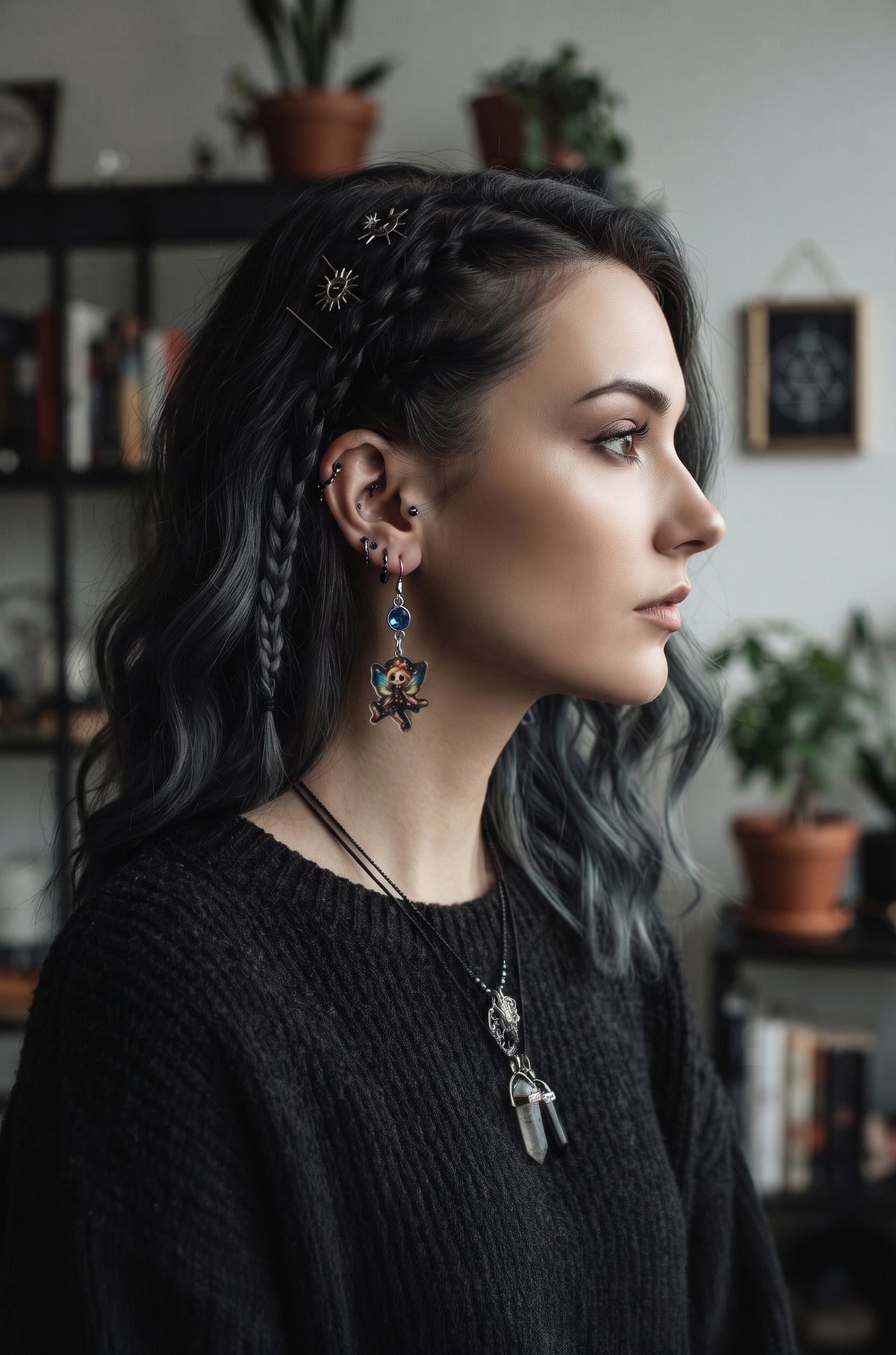Flower Crown Skull Fairy Earrings by Circle of Heather worn by a model with long dark braided hair and silver star hair pins, blue rhinestone above a printed skull fairy charm with blue and yellow wings, shown with a black knit sweater and crystal pendant in a plant-filled room.