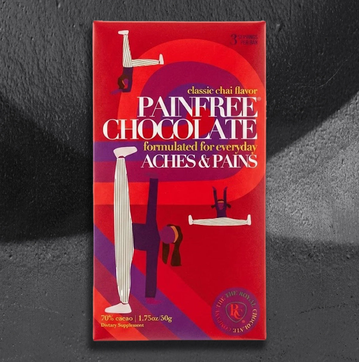 Painfree Chocolate bar by The Functional Chocolate Company, a 70 percent cacao dark chocolate bar in classic chai flavor