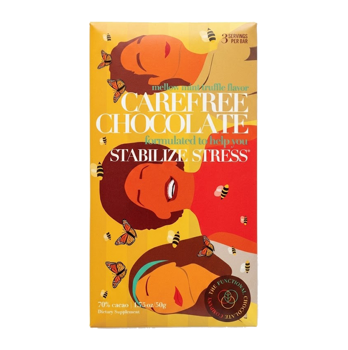 Another view of Carefree Chocolate bar by The Functional Chocolate Company, a 70 percent cacao dark chocolate bar in mellow mint truffle flavor