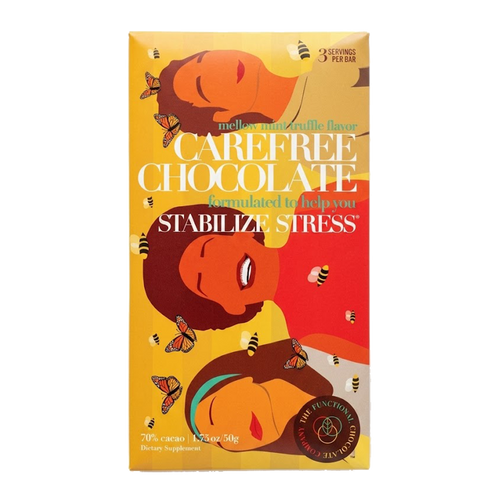 Another view of Carefree Chocolate bar by The Functional Chocolate Company, a 70 percent cacao dark chocolate bar in mellow mint truffle flavor