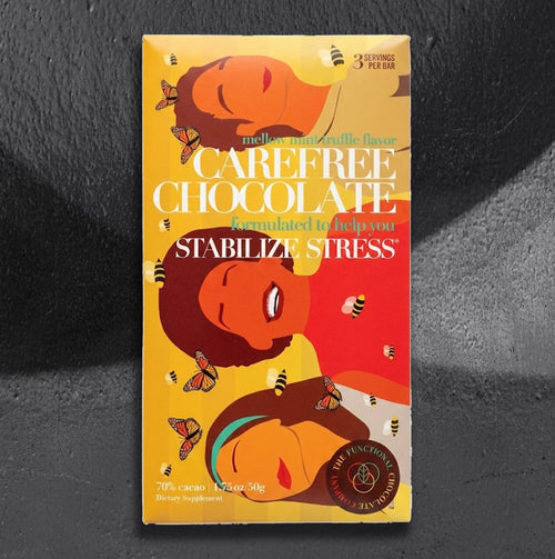 Carefree Chocolate bar by The Functional Chocolate Company, a 70 percent cacao dark chocolate bar in mellow mint truffle flavor