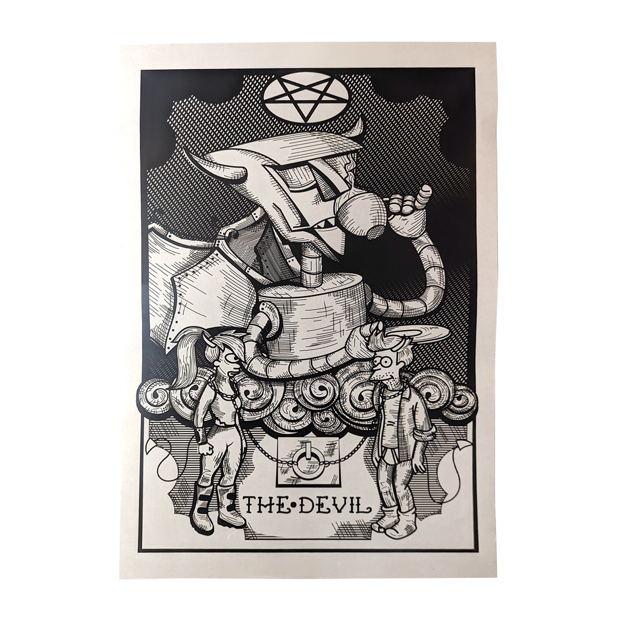 Another view of Futurama Tarot The Devil fan art poster by CamiThunderInk, the Robot Devil with Fry and Leela drawn as the Devil tarot card in a woodcut style