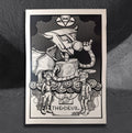 Futurama Tarot The Devil fan art poster by CamiThunderInk, the Robot Devil with Fry and Leela drawn as the Devil tarot card in a woodcut style
