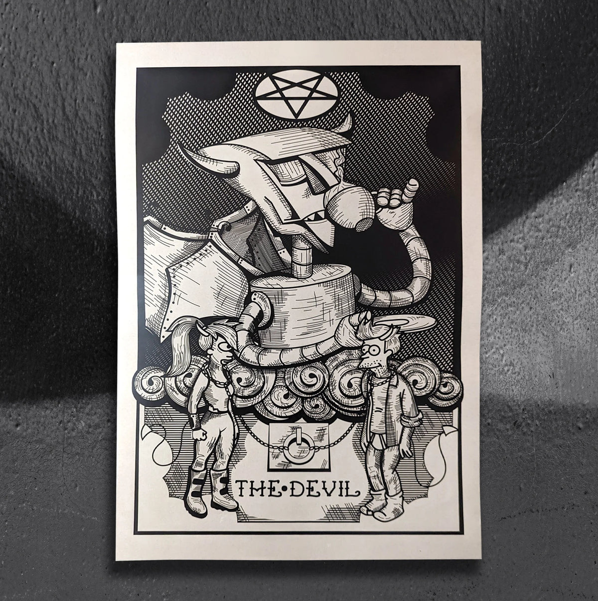 Futurama Tarot The Devil fan art poster by CamiThunderInk, the Robot Devil with Fry and Leela drawn as the Devil tarot card in a woodcut style
