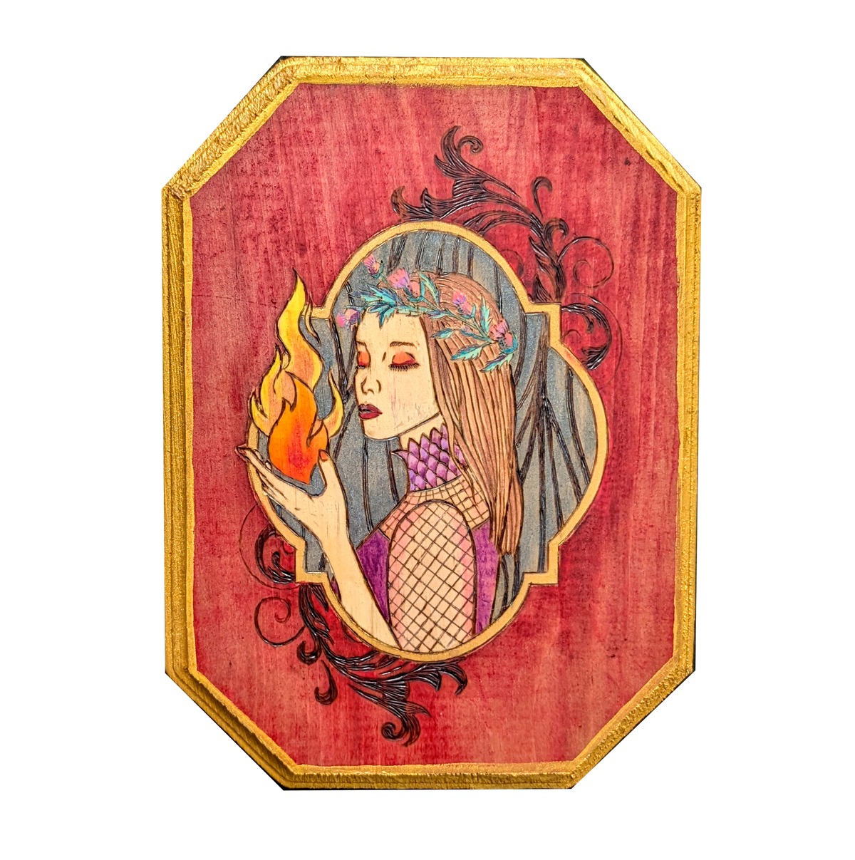 Another view of Hestia's Hearth by CamiThunderInk, an original pyrography and acrylic painting on a wood canvas showing the goddess Hestia holding a steady flame, framed by wood burned filigree and a metallic gold beveled edge