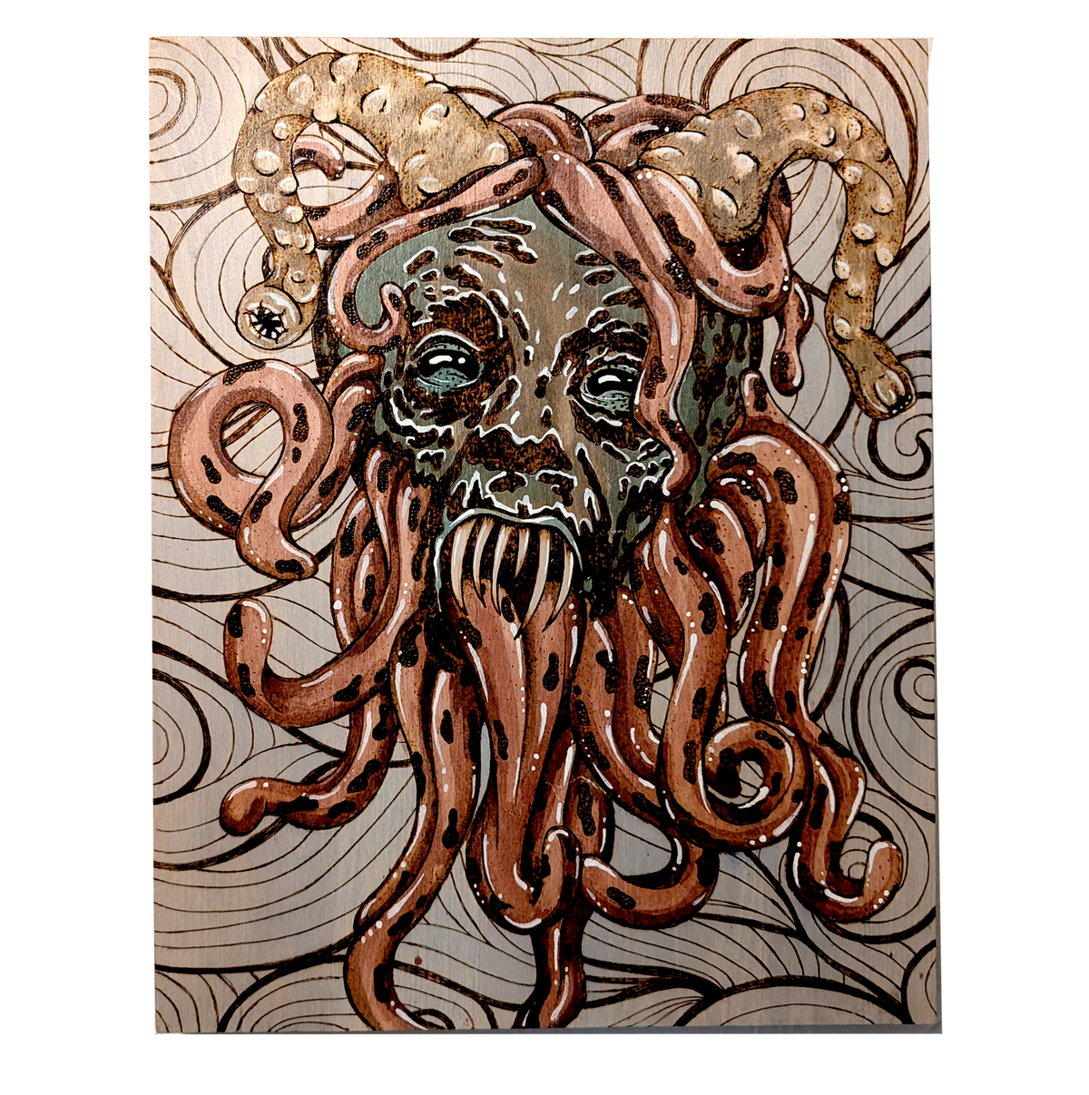 Another view of Kramptopus by CamiThunderInk, an original pyrography, watercolor, and stain painting on a solid wood slab of Krampus as a deep sea creature with tentacle horns and long tongues around the face