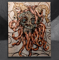 Kramptopus by CamiThunderInk, an original pyrography, watercolor, and stain painting on a solid wood slab of Krampus as a deep sea creature with tentacle horns and long tongues around the face