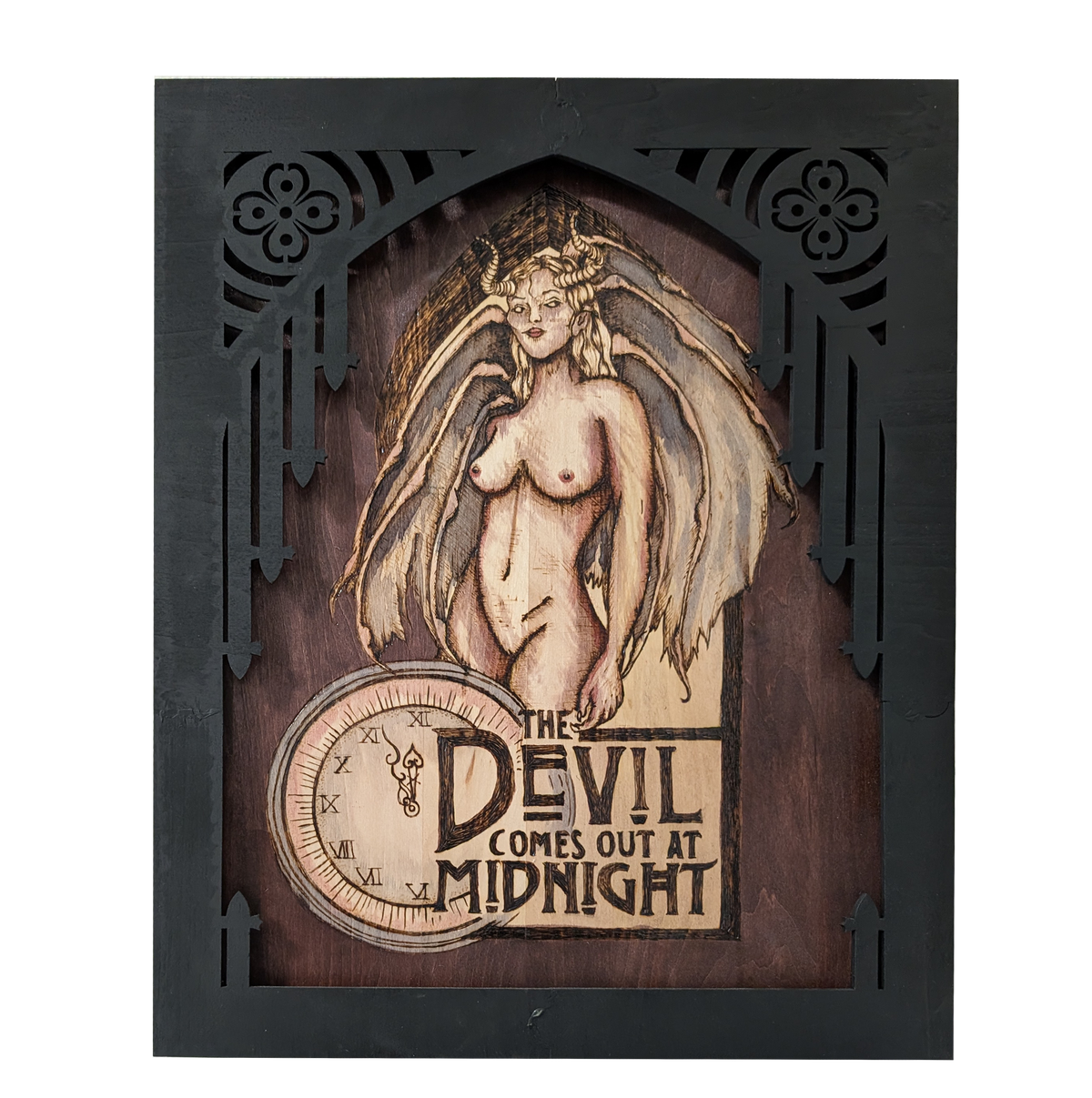 Another view of Midnight Devil by CamiThunderInk, an original pyrography and rosewood stain portrait of a devil woman on a solid wood slab, in a custom black acrylic laser cut frame