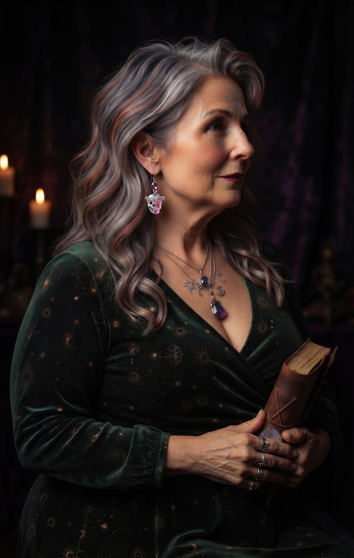 A woman with wavy gray hair is shown in profile, wearing floral skull earrings that read 'NEVER TRUST THE LIVING," a dark green velvet dress with subtle gold celestial patterns. She is holding a leather-bound book and wearing purple gemstone jewelry, set against a dark, atmospheric background with soft candlelight