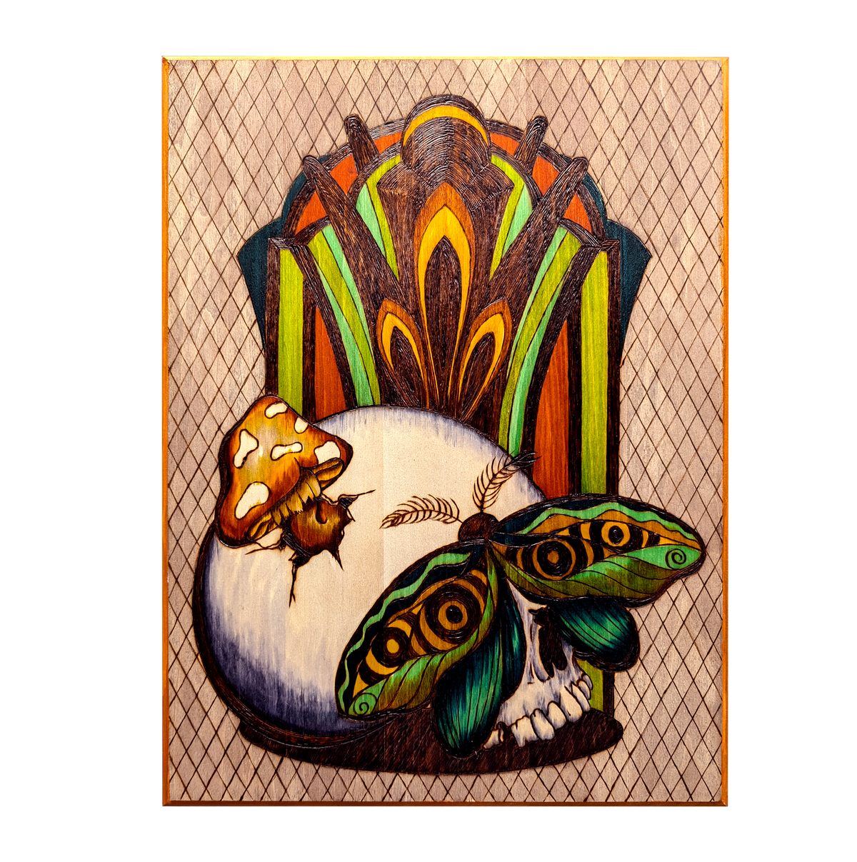 MushMoth Skull by CamiThunderInk, an original pyrography, watercolor, and acrylic painting on wood showing a human skull with a mushroom growing through a crack and an emerald green moth resting over the eyes, in front of a burned Art Deco lattice screen