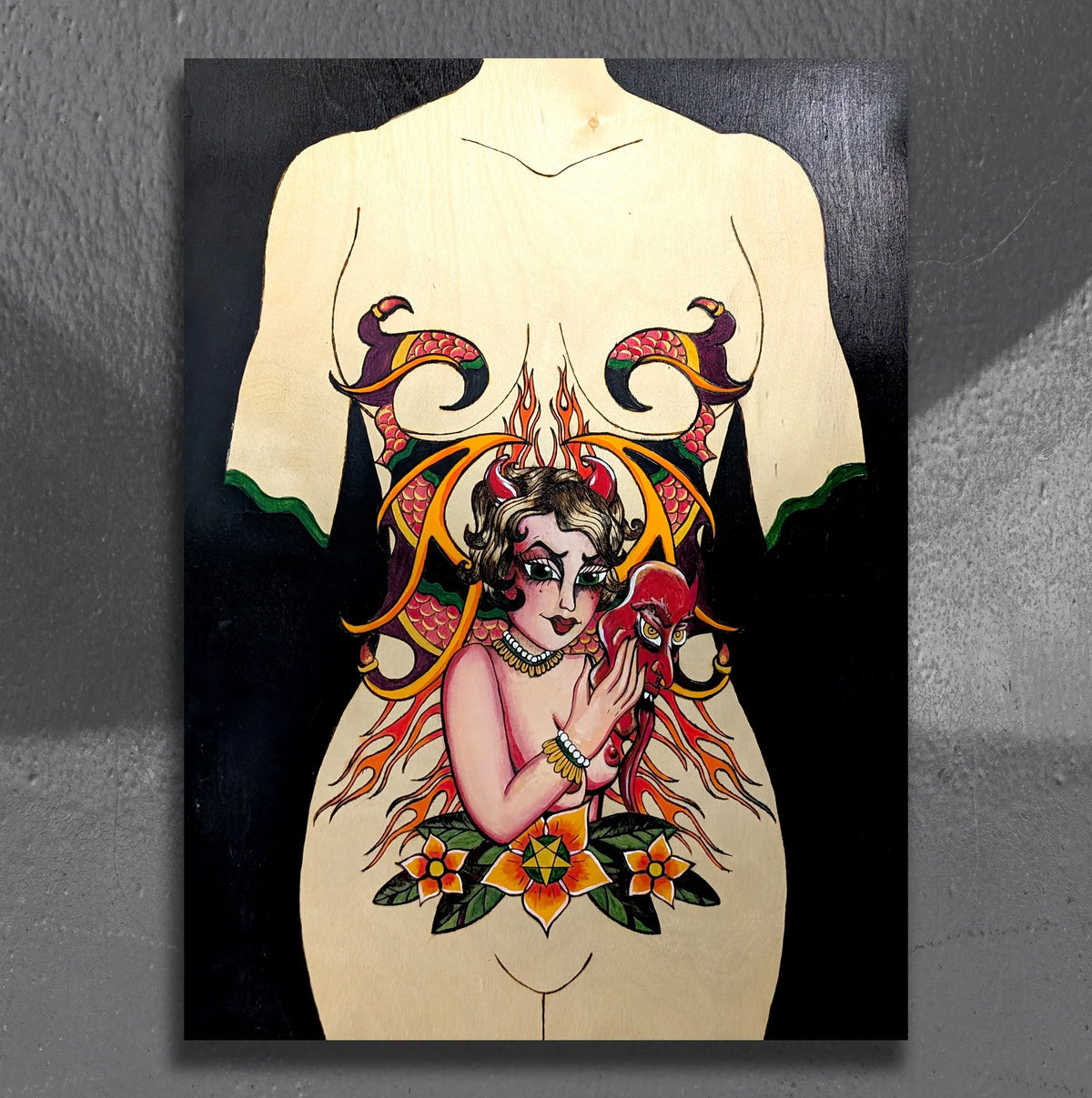 NeoTrad Devil Woman by CamiThunderInk, a large original pyrography and acrylic painting on a deep wood panel of a neo traditional devil woman, with the natural wood grain showing through the torso