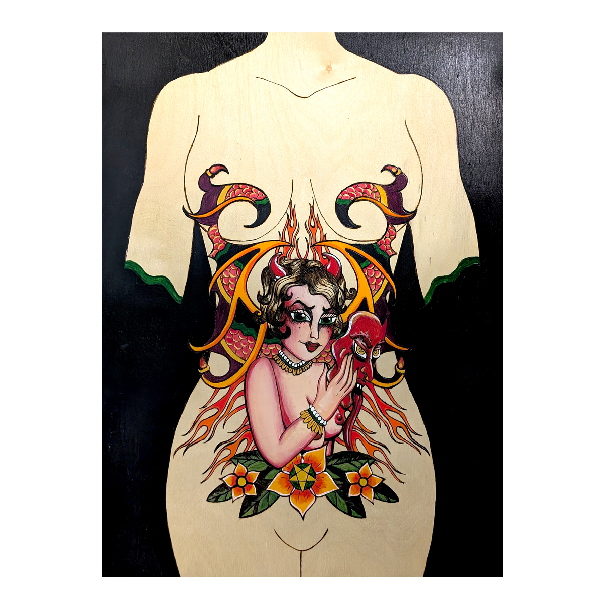 Another view of NeoTrad Devil Woman by CamiThunderInk, a large original pyrography and acrylic painting on a deep wood panel of a neo traditional devil woman, with the natural wood grain showing through the torso