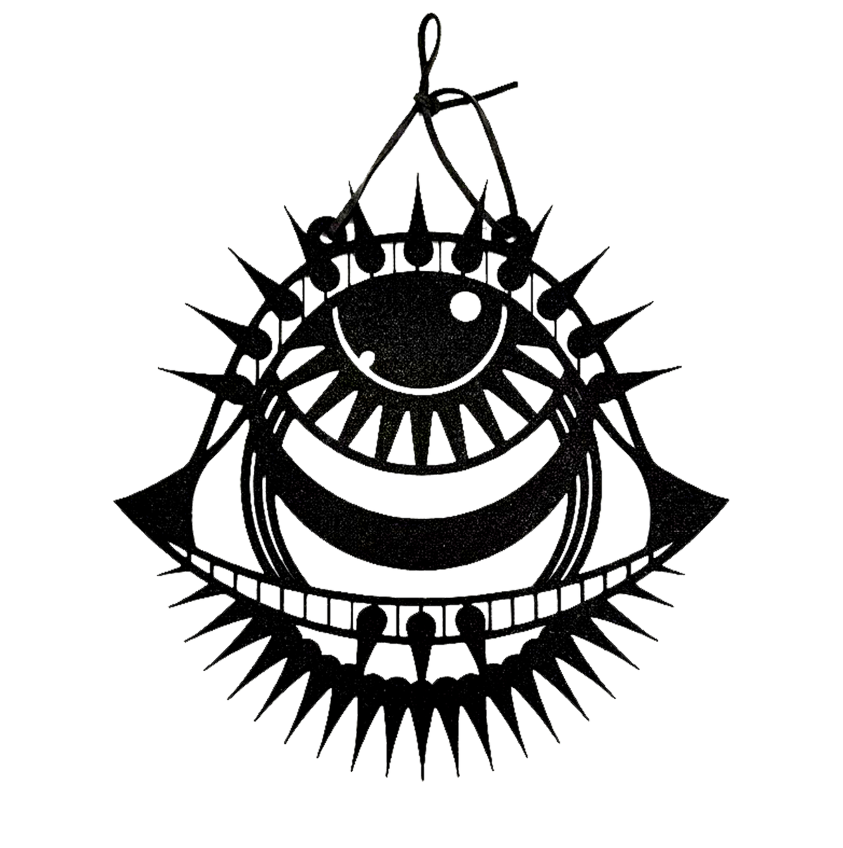 Another view of Punk Evil Eye wall hanger by CamiThunderInk, a matte black 3D printed eye with a spiked lash crown, a toothed lower lid, and wing points on each side