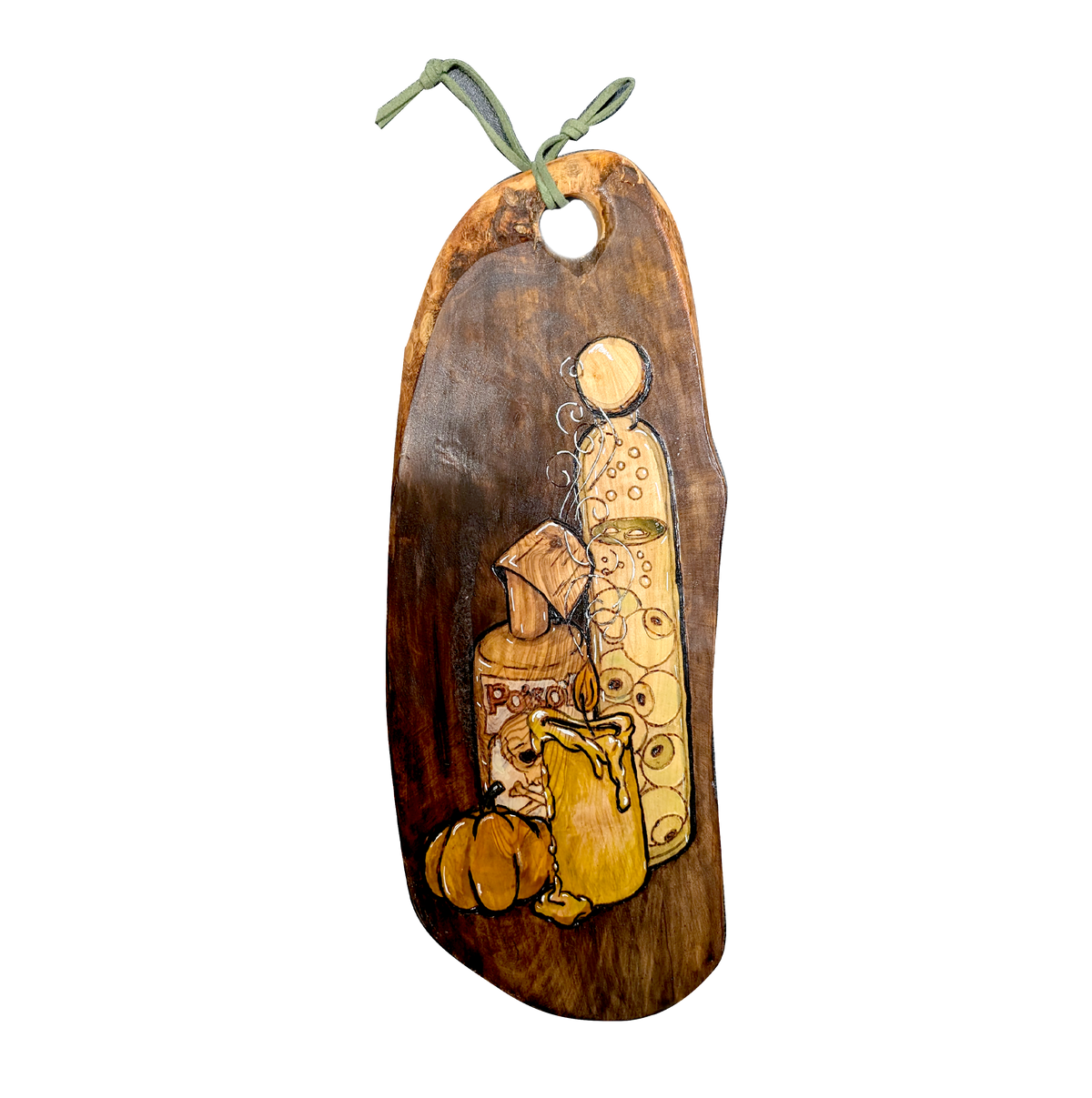 Another view of Punkins and Poisons by CamiThunderInk, an original pyrography and stain piece on a live edge olive wood board showing a dripping candle, a poison bottle, a potion, and a small pumpkin, hanging from a sage green cord