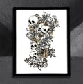Floral Skull Leg Sleeve by CamiThunderInk, an original micron ink and colored pencil drawing of four skulls tangled in roses, gears, pocket watch faces, wildflowers, and gold chain, in a matte black frame
