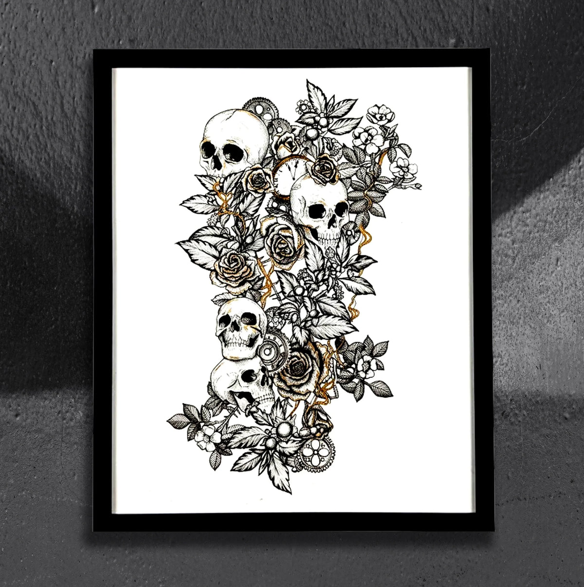Floral Skull Leg Sleeve by CamiThunderInk, an original micron ink and colored pencil drawing of four skulls tangled in roses, gears, pocket watch faces, wildflowers, and gold chain, in a matte black frame