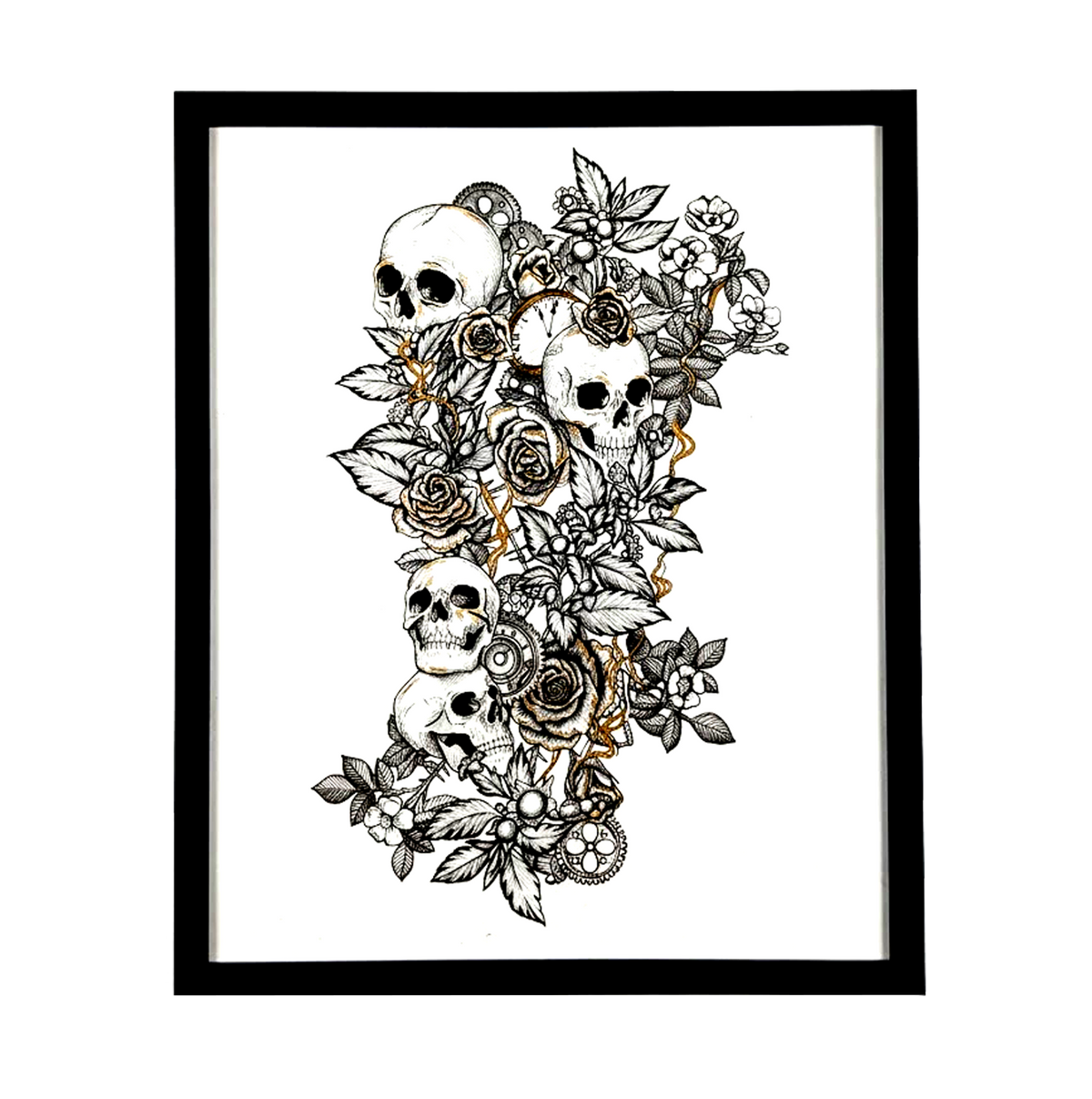 Another view of Floral Skull Leg Sleeve by CamiThunderInk, an original micron ink and colored pencil drawing of four skulls tangled in roses, gears, pocket watch faces, wildflowers, and gold chain, in a matte black frame