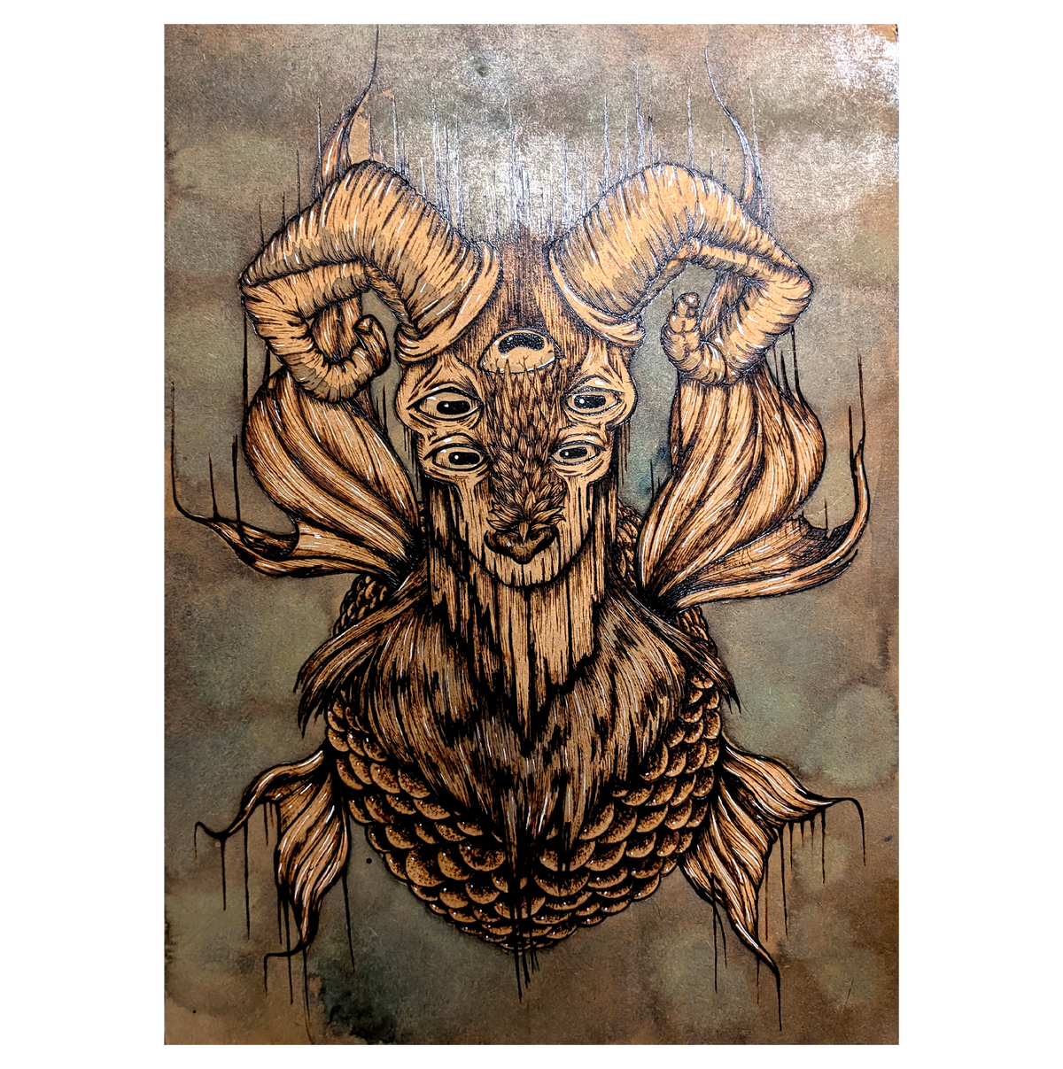 Another view of Seagoat Spectre by CamiThunderInk, an original pyrography and watercolor painting on wood of a ghostly Capricorn sea goat with many eyes, sweeping horns, and a scaled torso, emerging from a murky stained background