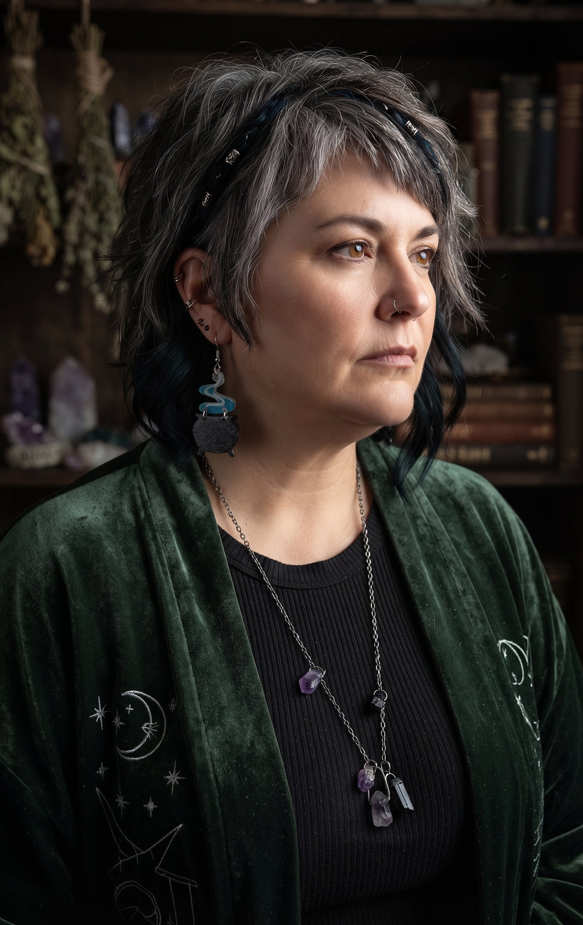 Smoking Cauldron Earrings by Circle of Heather worn by a model with layered gray and blue hair, black cauldron charm with blue and white swirled smoke topper, shown with a green velvet robe and crystal necklace against apothecary shelves of dried herbs and amethyst.