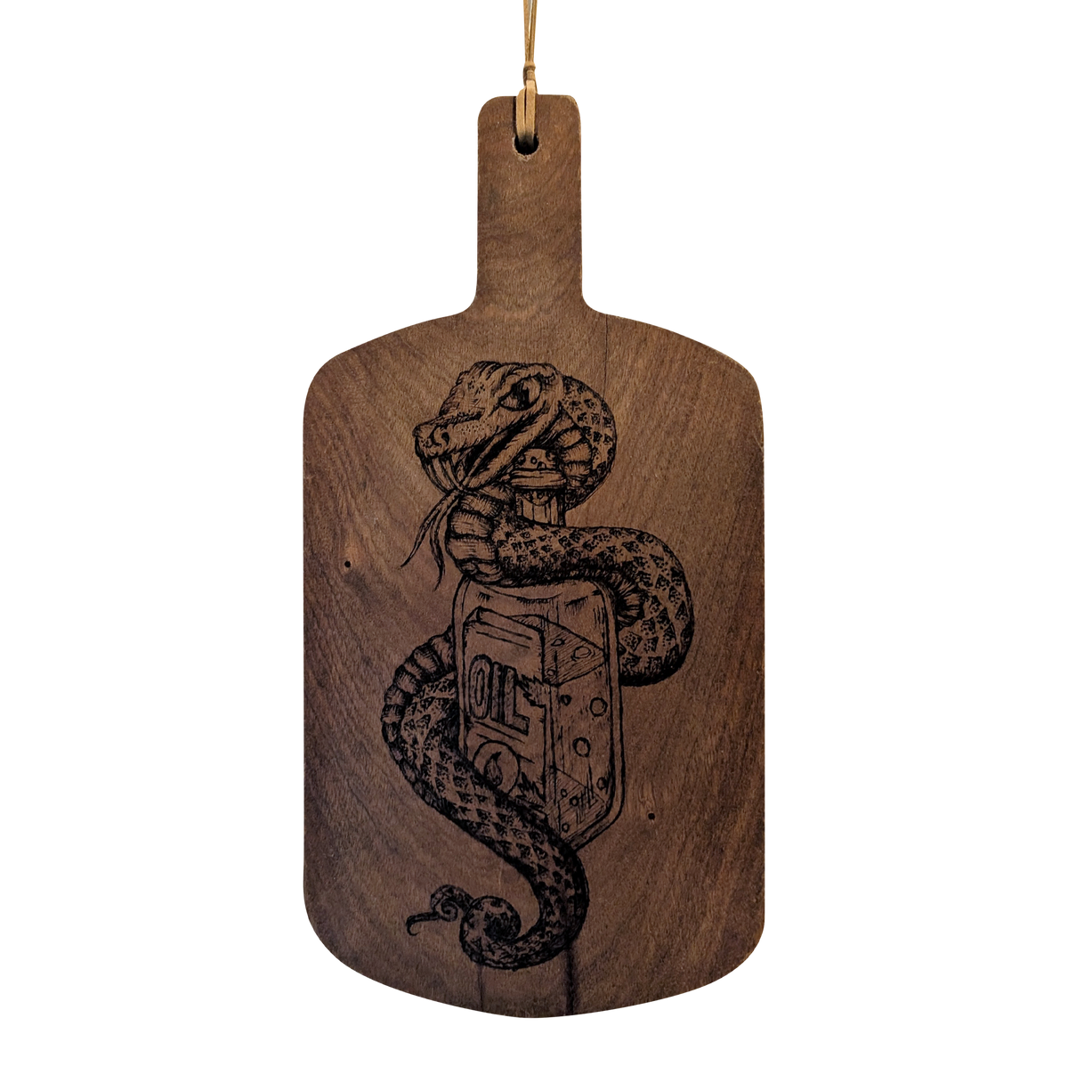 Another view of Snake Oil cutting board by CamiThunderInk, an original pyrography piece on a recycled wood cutting board showing a snake wrapped around an apothecary bottle