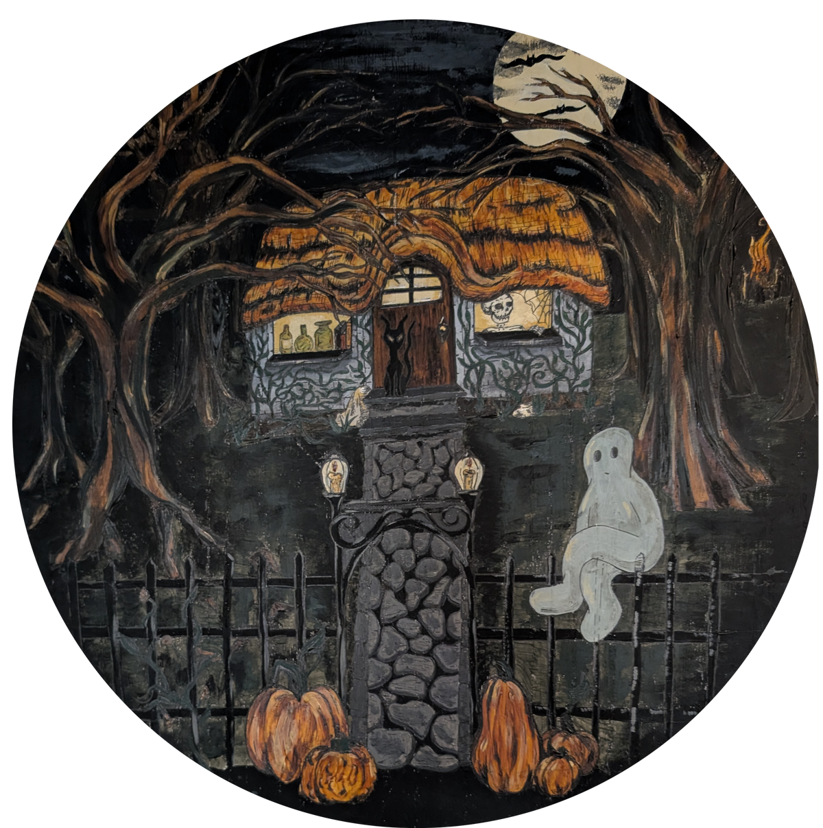 Another view of Spoops and Spectres by CamiThunderInk, an original acrylic painting on an 18 inch wood round showing a group of cute floating ghosts