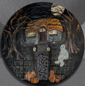 Spoops and Spectres by CamiThunderInk, an original acrylic painting on an 18 inch wood round showing a group of cute floating ghosts