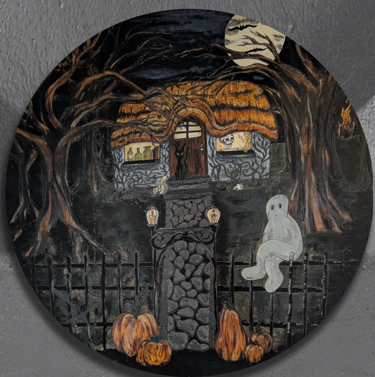 Spoops and Spectres by CamiThunderInk, an original acrylic painting on an 18 inch wood round showing a group of cute floating ghosts