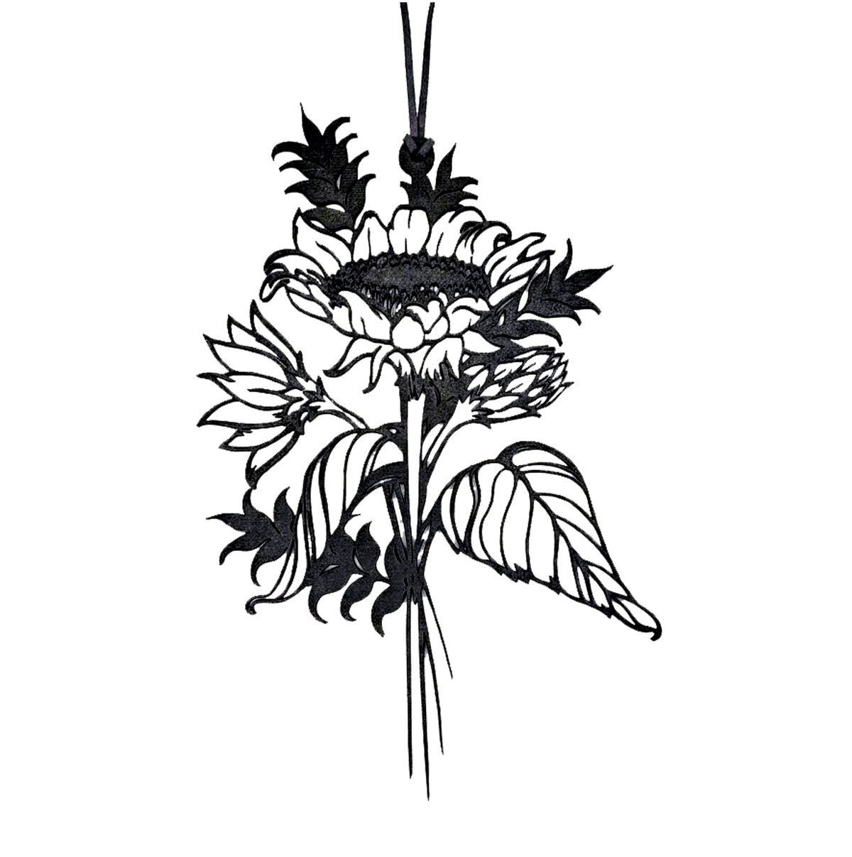 Another view of Sunflower wall hanger by CamiThunderInk, a matte black 3D printed sunflower with layered petals, smaller blooms, and long veined leaves on a thin stem