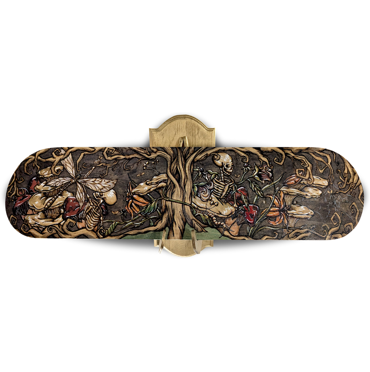 Another view of Tree of the Afterlife by CamiThunderInk, an original pyrography and watercolor painting on the underside of a maple skateboard deck showing a skeletal figure among mushrooms, lilies, and spiders