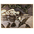 Vainglorious Contrition by CamiThunderInk, an original pyrography and dark ink wash painting on wood of a mourning skull