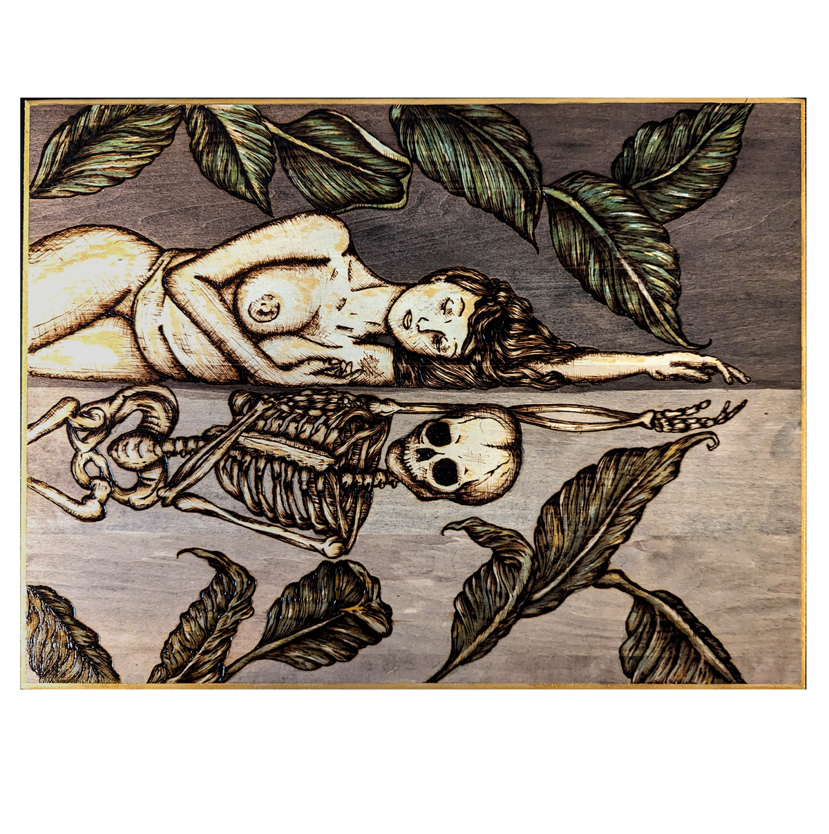 Vainglorious Contrition by CamiThunderInk, an original pyrography and dark ink wash painting on wood of a mourning skull