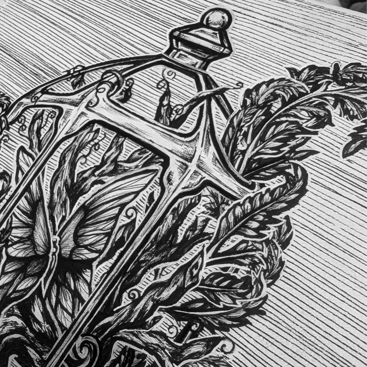 Close up detail of Verdant Vivarium by CamiThunderInk, showing the top of the open terrarium frame with its round finial and scrollwork, a fern leaf inside the empty panel, and ferns curling past the frame, with hand drawn crosshatch shading and fine line texture in the background.