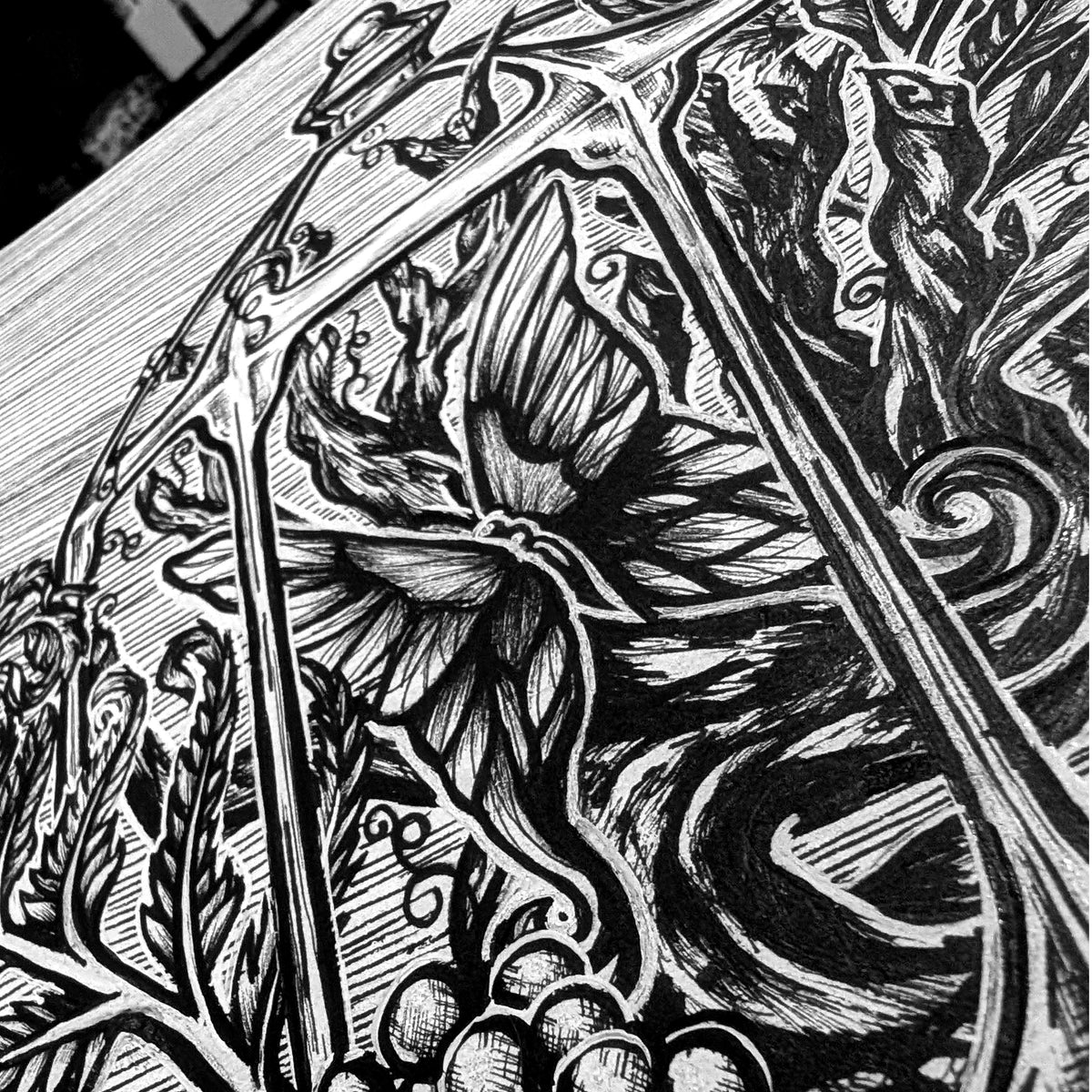 Close up detail of Verdant Vivarium by CamiThunderInk, showing the inside of the open terrarium frame with a large fern leaf, spiraling fern fronds, and the tops of the string of pearls, drawn in bold black ink with hand drawn crosshatch shading.