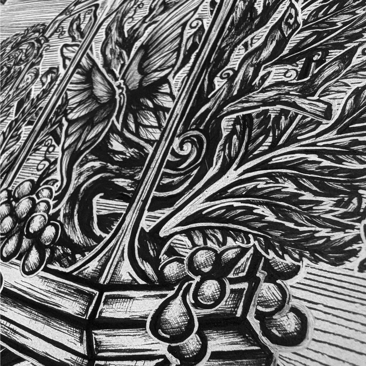 Close up detail of Verdant Vivarium by CamiThunderInk, showing the lower edge of the open terrarium frame where the string of pearls spills over the base, with sprawling ferns and a spiral frond behind it, all in hand drawn crosshatch shading.