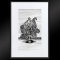 Verdant Vivarium matted framed print by CamiThunderInk, a black and white pen and ink illustration of an open terrarium on a carved pedestal, filled with ferns and string of pearls spilling out through the empty panels, with crosshatch shading, shown with a white mat in a black frame against a dark background.