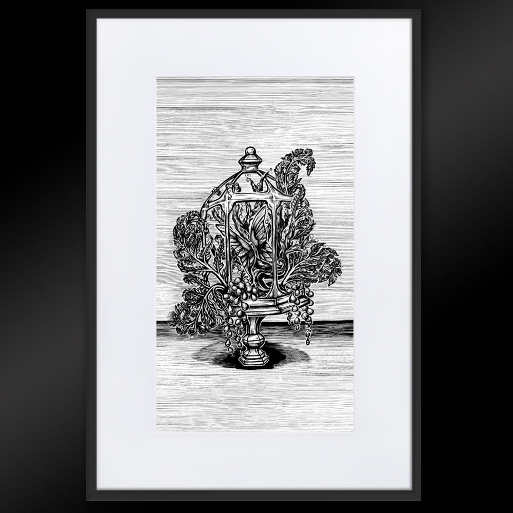 Verdant Vivarium matted framed print by CamiThunderInk, a black and white pen and ink illustration of an open terrarium on a carved pedestal, filled with ferns and string of pearls spilling out through the empty panels, with crosshatch shading, shown with a white mat in a black frame against a dark background.