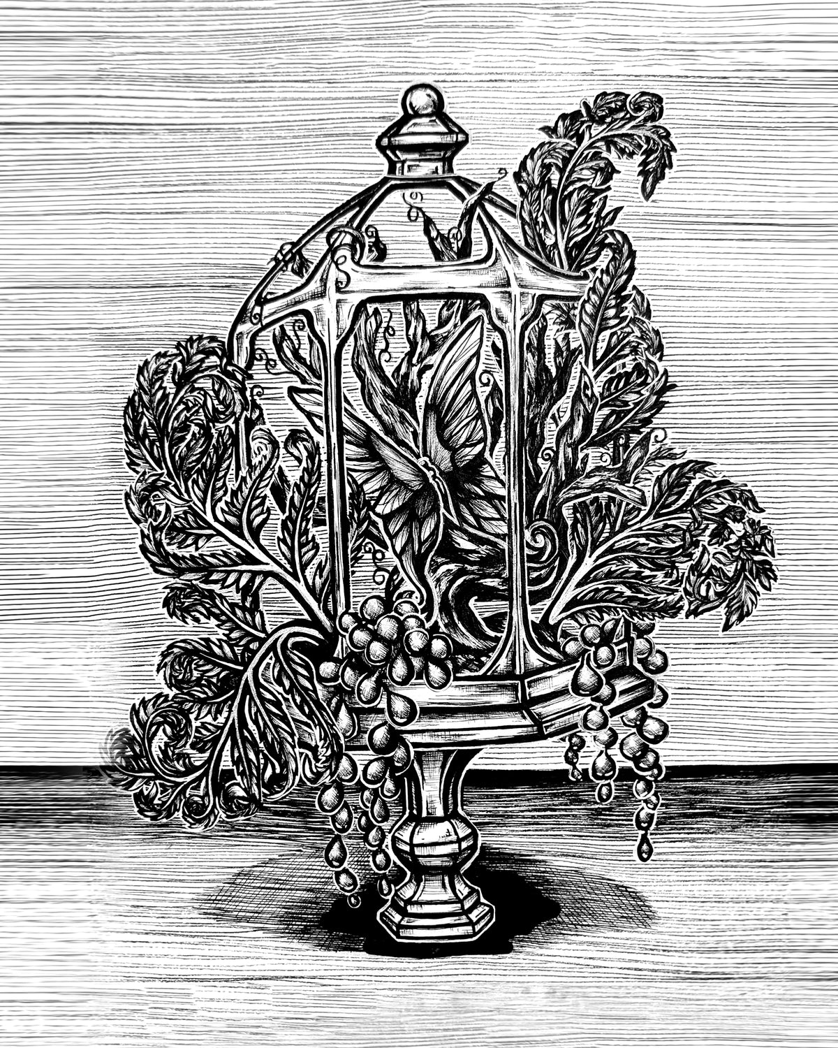 Verdant Vivarium by CamiThunderInk, the full black and white pen and ink artwork of an open terrarium on a carved pedestal, filled with ferns and string of pearls spilling out through the empty panels, with crosshatch shading and a wood grain background.