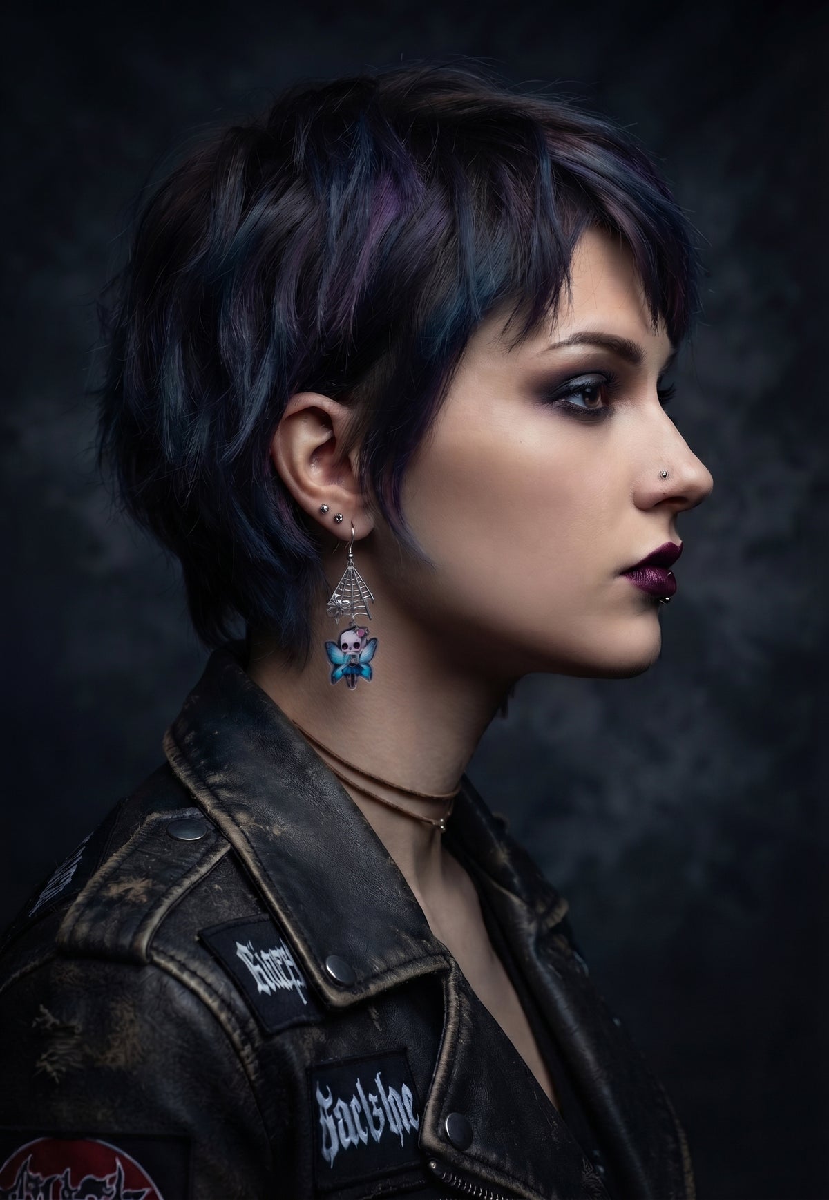 Webbed Skull Fairy Earrings by Circle of Heather worn by a model with a dark blue and purple pixie cut, silver-tone spider web charm above a printed skull fairy charm with blue butterfly wings, shown with a distressed leather jacket against a dark studio background.