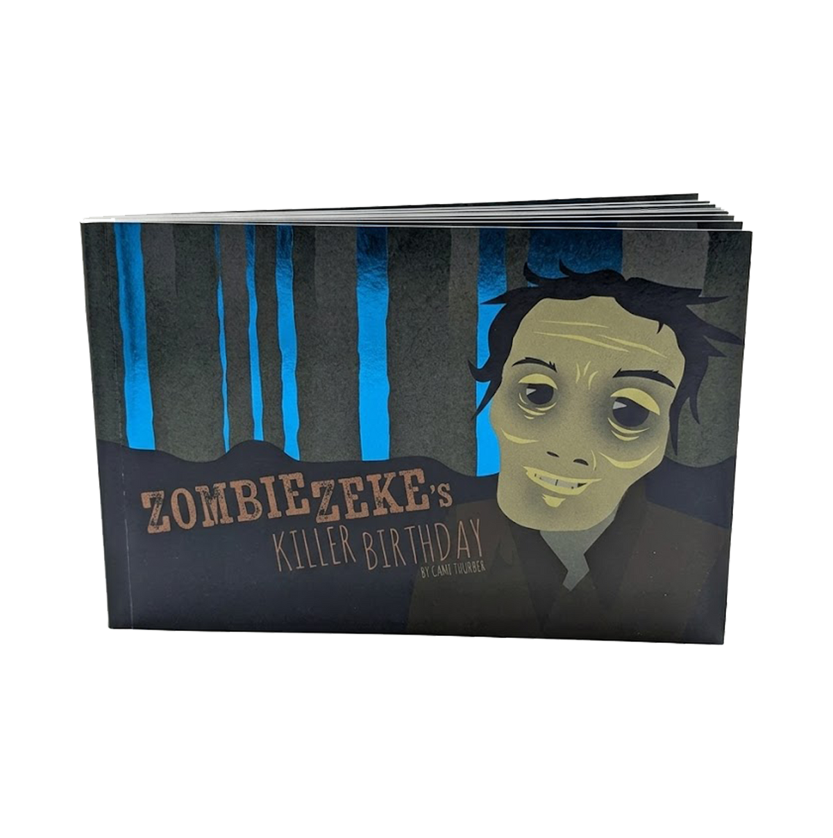 Another view of Zombie Zeke's Killer Birthday, an illustrated children's picture book written and illustrated by Cami Thunder about a little zombie planning a birthday party in his grave